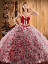  Multi-color Ball Gowns Satin and Fabric With Rolling Flowers Sweetheart Sleeveless Embroidery With Train Lace Up 15th Birthday Dress Sweep Train
