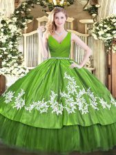 Gorgeous Beading and Appliques Quinceanera Dresses Olive Green Zipper Sleeveless Floor Length