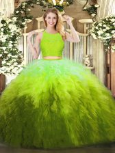  Scoop Sleeveless Quinceanera Dress Floor Length Lace and Ruffles Olive Green Organza