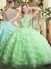 Flirting Apple Green Backless Scoop Lace and Ruffled Layers Quinceanera Gown Organza Sleeveless