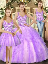 Graceful Lilac Three Pieces Organza Straps Sleeveless Beading and Ruffles Floor Length Lace Up 15 Quinceanera Dress