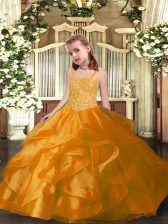 Superior Orange Straps Lace Up Beading and Ruffles Pageant Dress Toddler Sleeveless