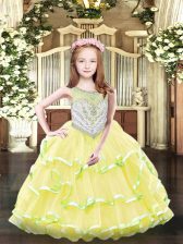 Perfect Yellow Sleeveless Floor Length Beading and Ruffled Layers Zipper Little Girls Pageant Gowns