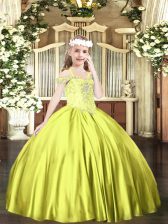 Wonderful Floor Length Yellow Green Pageant Gowns For Girls Satin Sleeveless Beading