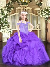  Floor Length Lavender Child Pageant Dress Organza Sleeveless Beading and Ruffles