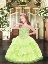  Yellow Green Organza Lace Up Pageant Dress Sleeveless Floor Length Appliques