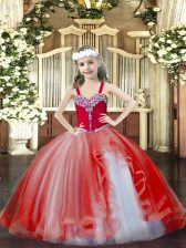  Red Sleeveless Beading Floor Length Pageant Dress for Teens