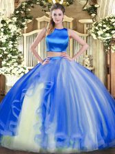 New Arrival Blue Tulle Criss Cross High-neck Sleeveless Floor Length 15th Birthday Dress Ruffles