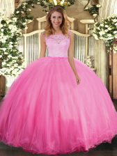 Perfect Rose Pink Ball Gowns Scoop Sleeveless Tulle Floor Length Clasp Handle Lace Quince Ball Gowns