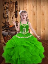 Enchanting Green Lace Up Straps Embroidery and Ruffles Evening Gowns Organza Sleeveless