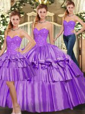  Sweetheart Sleeveless Quinceanera Gown Floor Length Beading and Ruffled Layers Eggplant Purple Organza