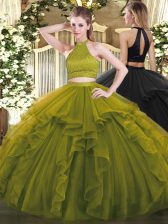 Dazzling Olive Green Organza Backless Sweet 16 Dress Sleeveless Floor Length Beading and Ruffles