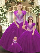  Fuchsia Ball Gowns Straps Sleeveless Tulle Floor Length Lace Up Beading Ball Gown Prom Dress