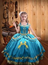 Customized Baby Blue Satin Lace Up Pageant Gowns Sleeveless Floor Length Beading and Embroidery