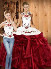  Two Pieces 15 Quinceanera Dress Wine Red Halter Top Organza Sleeveless Floor Length Lace Up