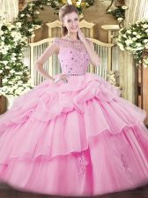 High Quality Beading and Ruffles and Pick Ups Quinceanera Dresses Rose Pink Zipper Sleeveless Floor Length