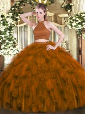  Organza Halter Top Sleeveless Backless Beading and Ruffles Quince Ball Gowns in Brown