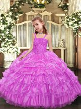  Lilac Pageant Dress Womens Party and Sweet 16 and Quinceanera and Wedding Party with Beading and Ruffled Layers and Pick Ups Straps Sleeveless Lace Up