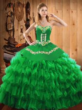  Sleeveless Satin and Organza Floor Length Lace Up Quinceanera Gown in Green with Embroidery and Ruffled Layers