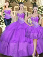 Charming Eggplant Purple Ball Gowns Sweetheart Sleeveless Tulle Floor Length Lace Up Beading and Ruffled Layers 15th Birthday Dress