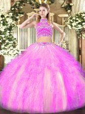  Lilac Backless Ball Gown Prom Dress Beading and Ruffles Sleeveless Floor Length