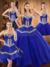  Blue Sleeveless Floor Length Embroidery Lace Up Ball Gown Prom Dress