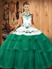 Latest Turquoise Ball Gowns Halter Top Sleeveless Organza Sweep Train Lace Up Embroidery and Ruffled Layers Vestidos de Quinceanera