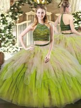 Beautiful Multi-color Tulle Lace Up Sweet 16 Dress Sleeveless Floor Length Beading and Ruffles