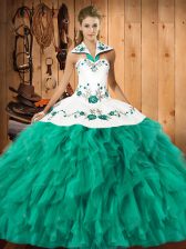  Embroidery and Ruffles Quinceanera Dresses Turquoise Lace Up Sleeveless Floor Length