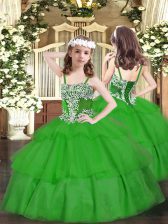 Fashionable Green Lace Up Straps Appliques and Ruffled Layers Little Girls Pageant Dress Wholesale Organza Sleeveless