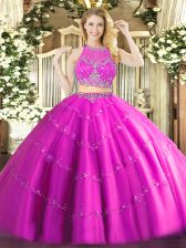Great Floor Length Two Pieces Sleeveless Fuchsia Quinceanera Gown Zipper