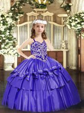  Lavender Organza Lace Up Girls Pageant Dresses Sleeveless Floor Length Beading and Ruffled Layers