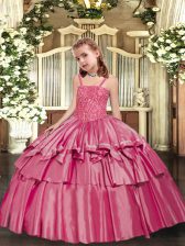  Rose Pink Taffeta Lace Up Kids Pageant Dress Sleeveless Floor Length Beading and Ruffled Layers