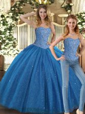 Dynamic Sleeveless Tulle Floor Length Lace Up Vestidos de Quinceanera in Teal with Beading