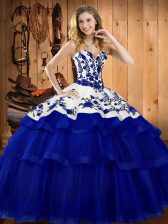 Custom Designed Organza Sweetheart Sleeveless Sweep Train Lace Up Embroidery Quinceanera Dress in Royal Blue
