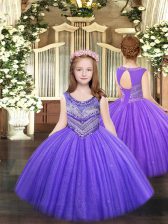 Elegant Scoop Sleeveless Kids Pageant Dress Floor Length Beading Lavender Tulle
