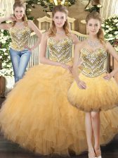  Tulle Sweetheart Sleeveless Lace Up Beading and Ruffles Sweet 16 Dress in Champagne