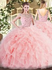 Simple Sleeveless Tulle Floor Length Zipper Vestidos de Quinceanera in Baby Pink with Beading and Ruffles