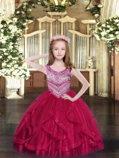 Excellent Hot Pink Ball Gowns Scoop Sleeveless Tulle Floor Length Lace Up Beading and Ruffles Pageant Dress for Teens
