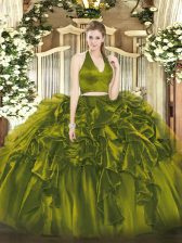 Artistic Olive Green Zipper Sweet 16 Dress Ruffles Sleeveless Floor Length