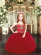  Floor Length Lace Up Kids Pageant Dress Wine Red for Party and Quinceanera with Beading and Ruffles