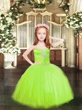 Hot Sale Yellow Green Spaghetti Straps Neckline Beading Pageant Dress for Girls Sleeveless Lace Up