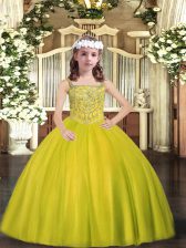 New Style Floor Length Yellow Green Pageant Gowns For Girls Straps Sleeveless Lace Up