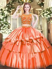  Sleeveless Tulle Floor Length Zipper Quince Ball Gowns in Orange Red with Beading and Ruffled Layers