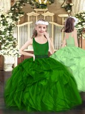 Excellent Sleeveless Organza Floor Length Zipper Little Girl Pageant Dress in Dark Green with Beading and Ruffles