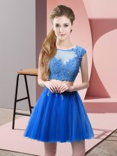 Dynamic Blue Sleeveless Appliques Mini Length Prom Dresses