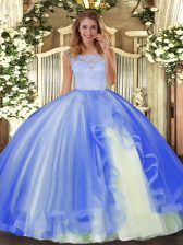 Stunning Blue Clasp Handle Scoop Lace and Ruffles Sweet 16 Dress Tulle Sleeveless
