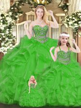  Green Sleeveless Floor Length Beading and Ruffles Lace Up Quinceanera Dress