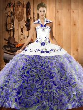  Multi-color Sleeveless Fabric With Rolling Flowers Sweep Train Lace Up Quince Ball Gowns for Military Ball and Sweet 16 and Quinceanera