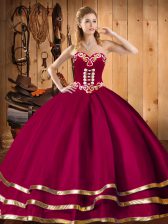 Popular Wine Red Ball Gowns Sweetheart Sleeveless Organza Floor Length Lace Up Embroidery and Ruffles Quince Ball Gowns